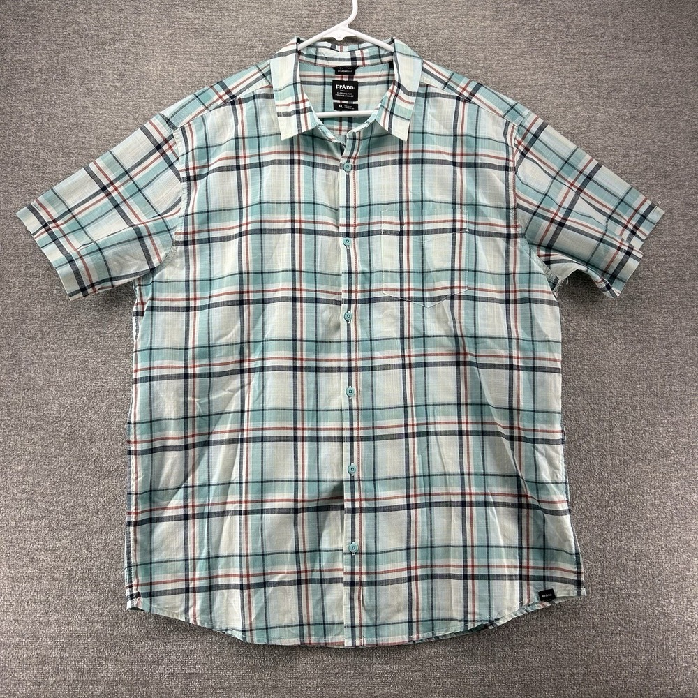 Prana Tamarack Short Sleeve Shirt Men Sz XL Blue Plaid Button Up Organic Cotton